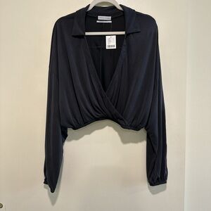 NWT Urban Outfitters Faded Black Collared Long Sleeve Crop Top